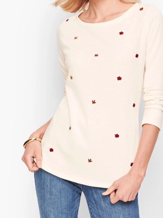 Talbots Tops - Talbots Cream Embroidered Leaf-Accent Long-Sleeve Top Women’s Petite L